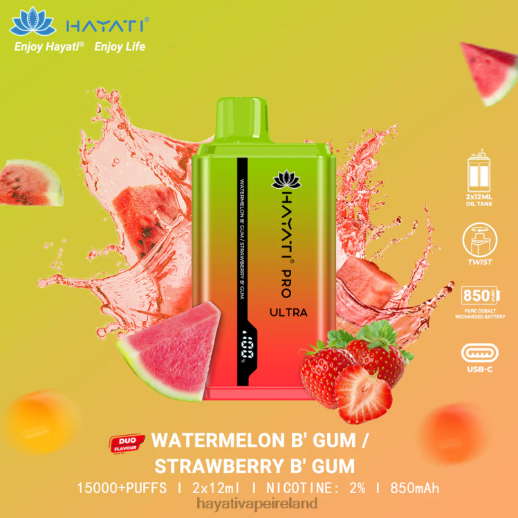 Hayati Price Ireland | Hayati Pro Ultra Disposable 15000 Puffs Watermelon Bubblegum/Strawberry Bubblegum FD082227